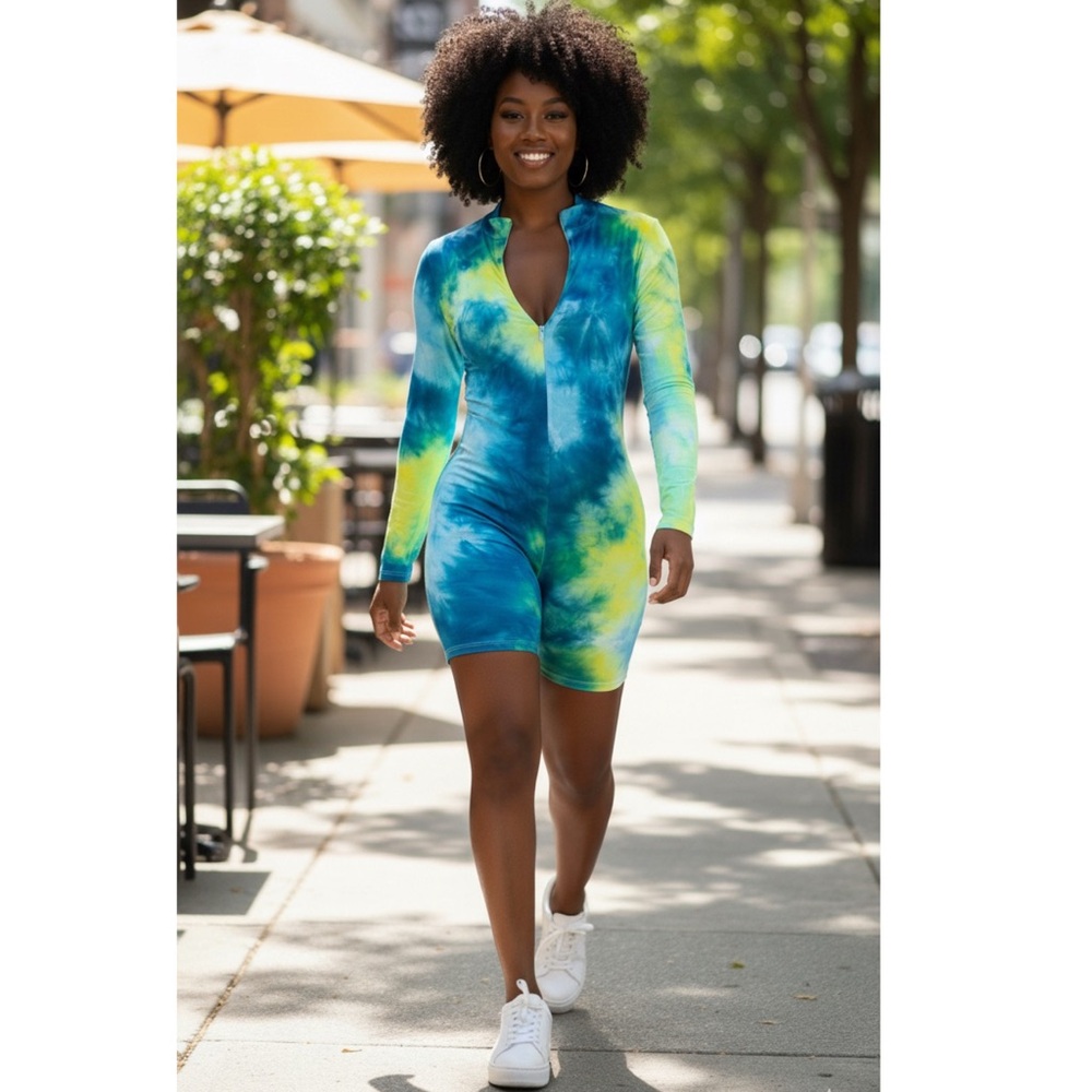 Blue Yellow Tie-Dye Zip Front Romper | Long Sleeve‎ Stretch Bodysuit Jumpsuit